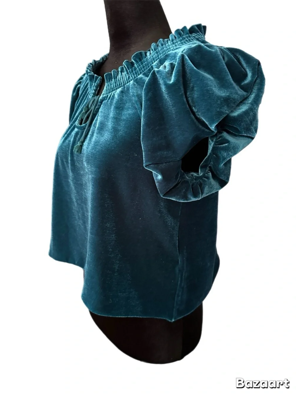 Free People Teal Velvet Puff Sleeve Peasant Top size XS